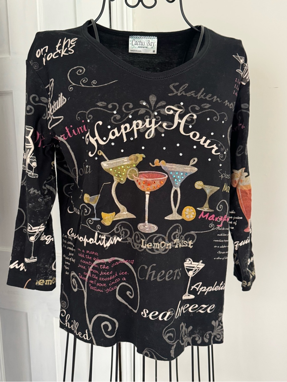 Cactus Bay Happy Hour Black Graphic Long-Sleeve Top - cotton